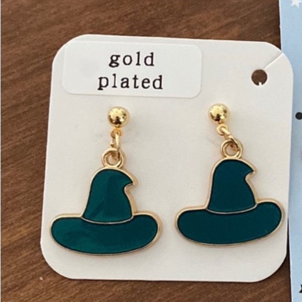 Teal Green Witch Hat Gold Plated Earrings Handmade NEW